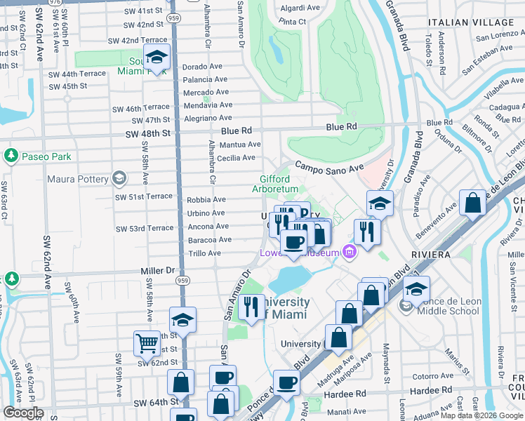 map of restaurants, bars, coffee shops, grocery stores, and more near 1410 Urbino Avenue in Coral Gables
