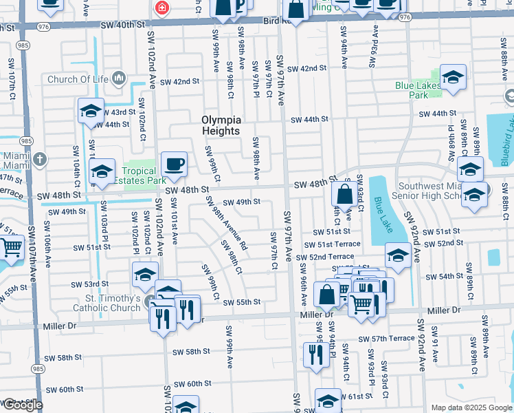 map of restaurants, bars, coffee shops, grocery stores, and more near 9815 Southwest 50th Street in Miami