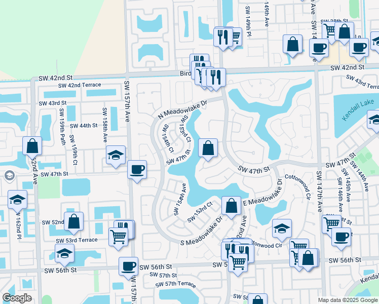 map of restaurants, bars, coffee shops, grocery stores, and more near 15360 Southwest 47th Street in Miami