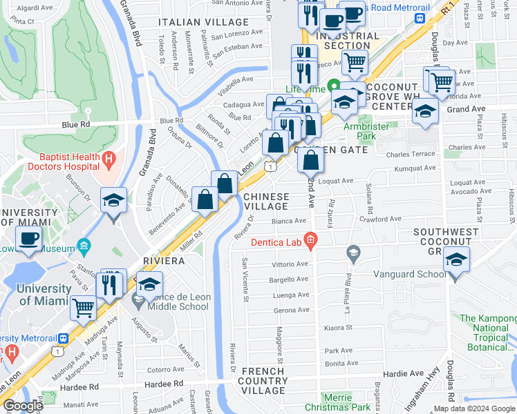 map of restaurants, bars, coffee shops, grocery stores, and more near 5133 Riviera Drive in Coral Gables