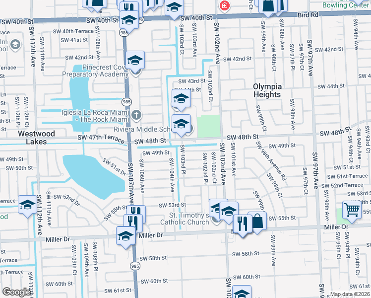 map of restaurants, bars, coffee shops, grocery stores, and more near 10350 Southwest 49th Street in Miami