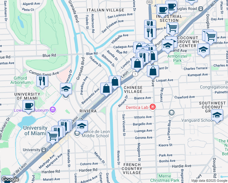 map of restaurants, bars, coffee shops, grocery stores, and more near 708 South Dixie Highway in Coral Gables