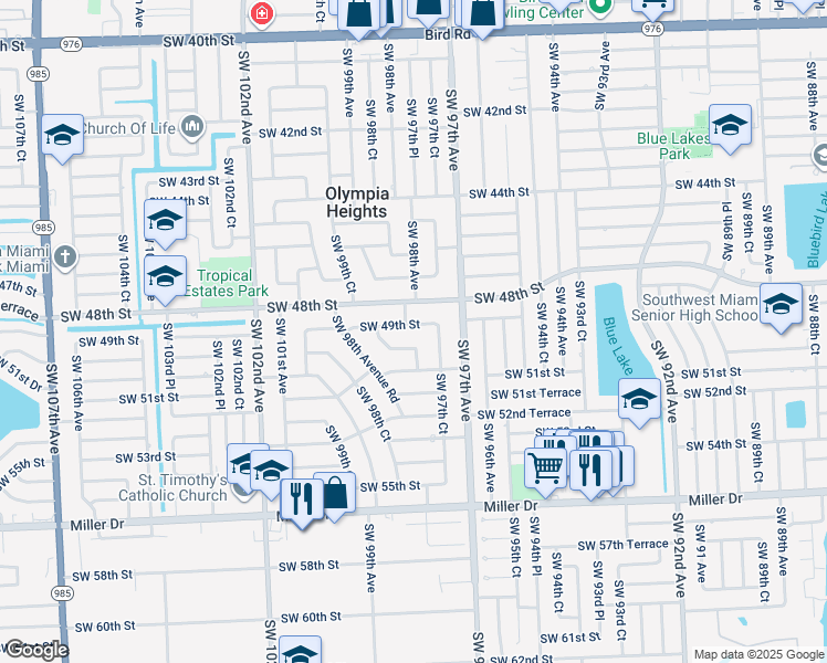 map of restaurants, bars, coffee shops, grocery stores, and more near 9815 Southwest 50th Street in Miami