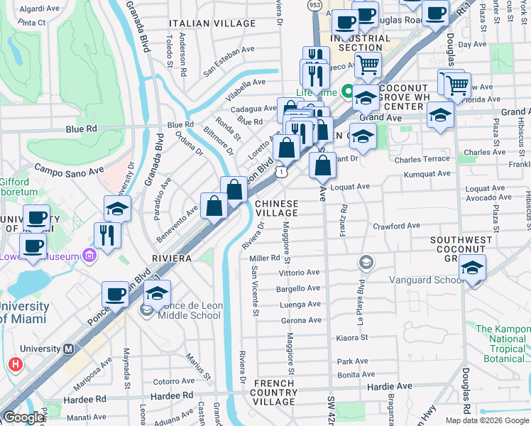 map of restaurants, bars, coffee shops, grocery stores, and more near 5133 Riviera Drive in Coral Gables