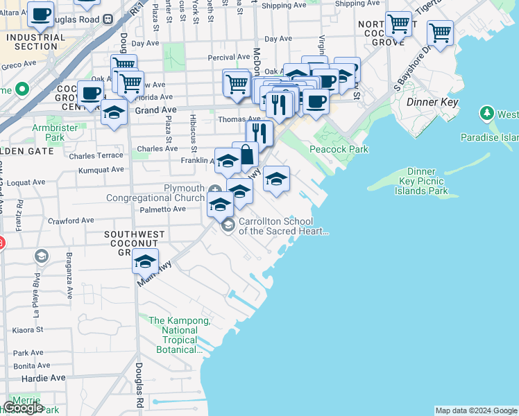 map of restaurants, bars, coffee shops, grocery stores, and more near 3370 Royal Road in Miami
