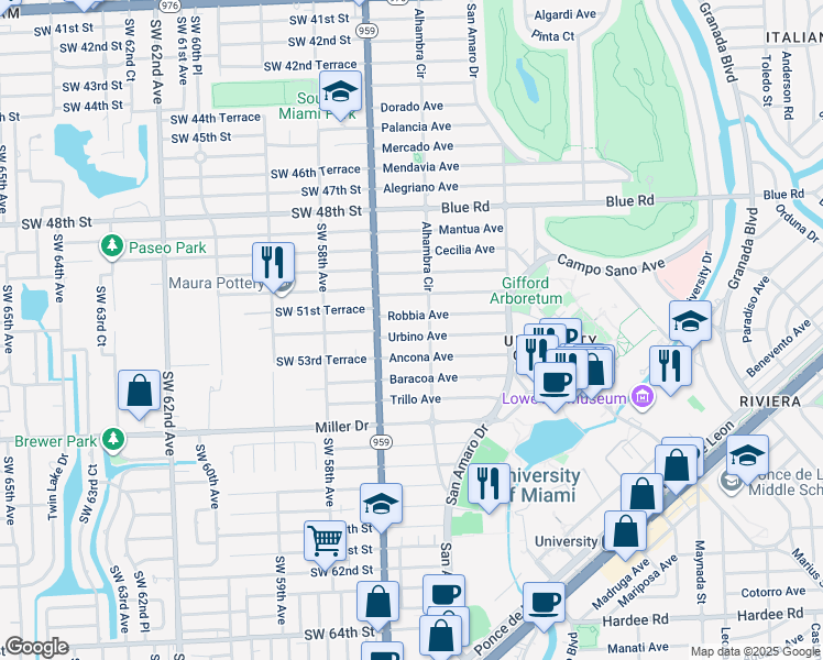 map of restaurants, bars, coffee shops, grocery stores, and more near 1510 Urbino Avenue in Coral Gables