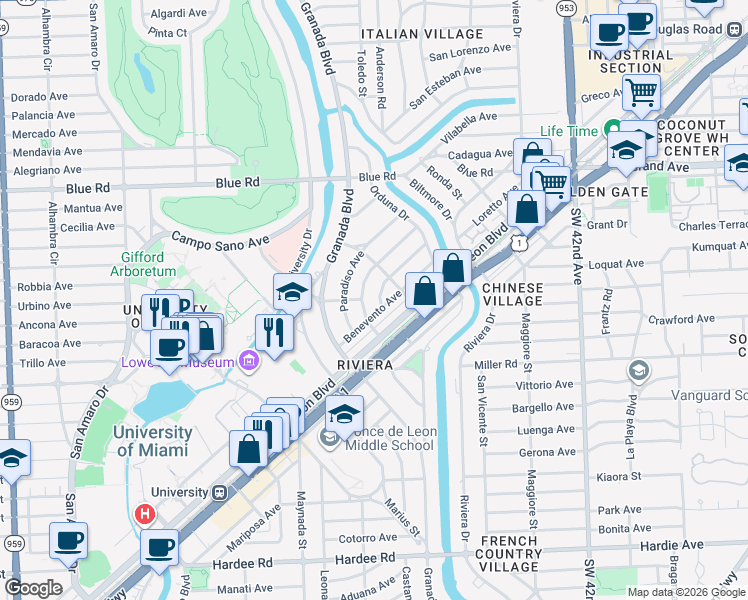 map of restaurants, bars, coffee shops, grocery stores, and more near in South Miami
