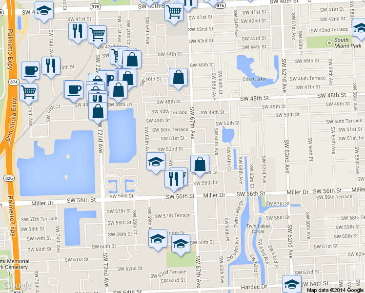 map of restaurants, bars, coffee shops, grocery stores, and more near 6770 Southwest 52nd Street in Miami