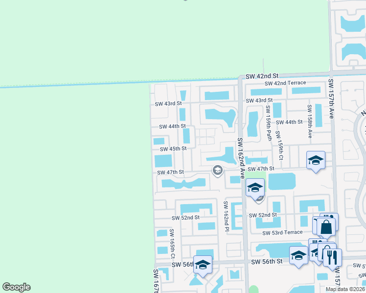 map of restaurants, bars, coffee shops, grocery stores, and more near 4502 Southwest 164th Court in Miami