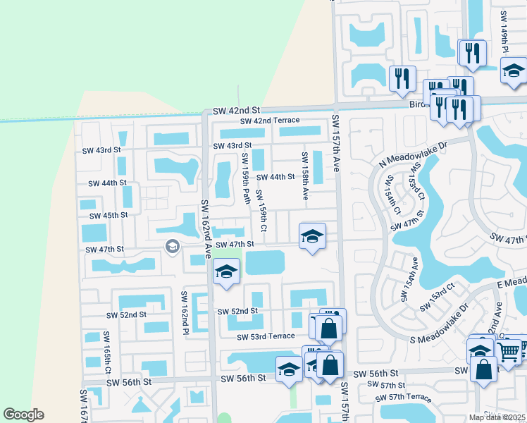 map of restaurants, bars, coffee shops, grocery stores, and more near 4432 Southwest 159th Court in Miami