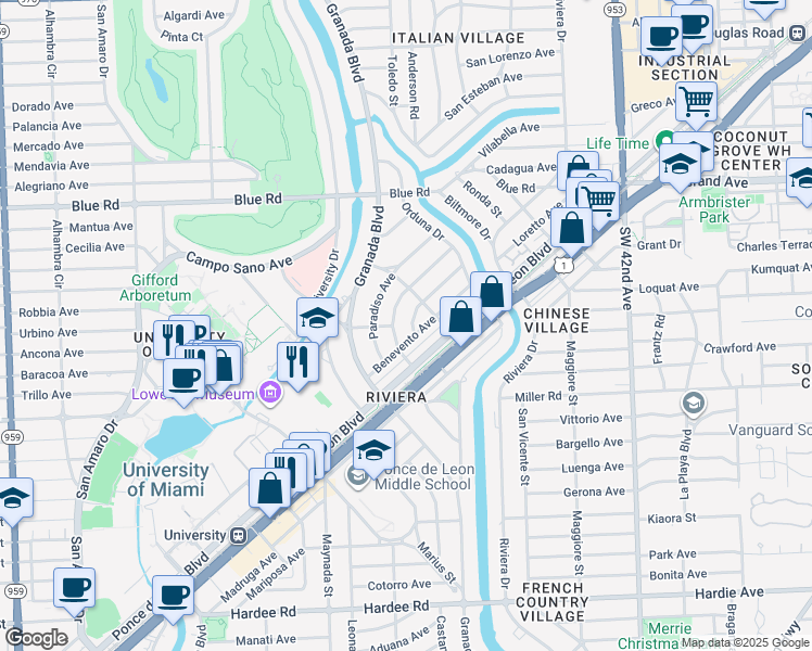 map of restaurants, bars, coffee shops, grocery stores, and more near in South Miami