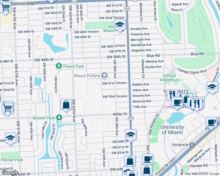map of restaurants, bars, coffee shops, grocery stores, and more near 5840 Southwest 52nd Terrace in Miami