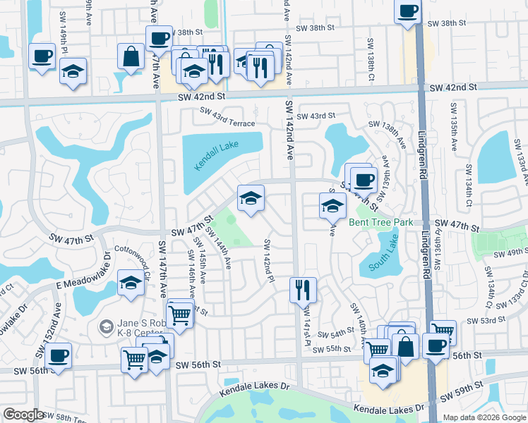 map of restaurants, bars, coffee shops, grocery stores, and more near 4747 Southwest 143rd Court in Miami