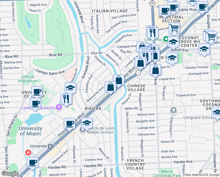 map of restaurants, bars, coffee shops, grocery stores, and more near in Miami