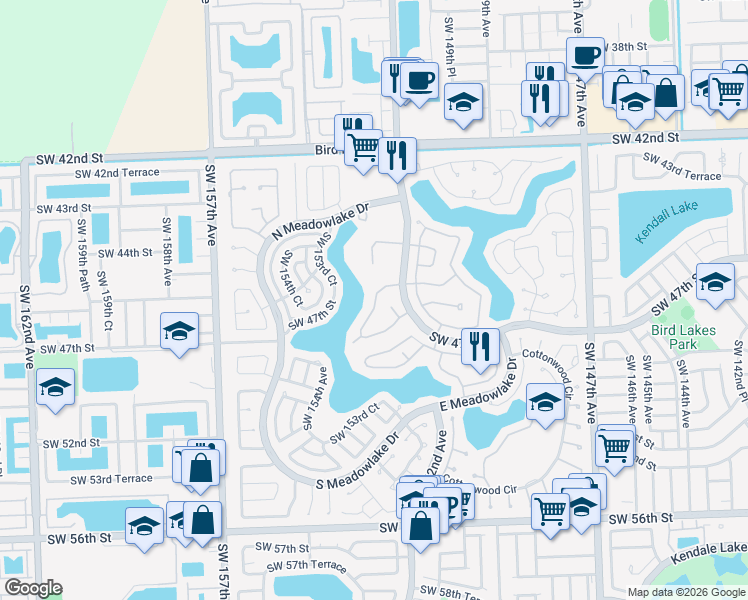 map of restaurants, bars, coffee shops, grocery stores, and more near 15255 Southwest 45th Terrace in Miami