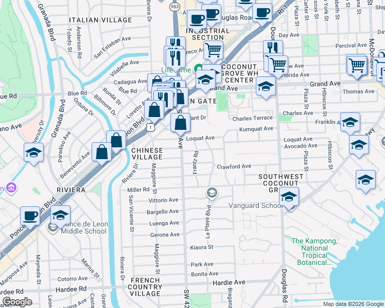 map of restaurants, bars, coffee shops, grocery stores, and more near 3680 Frantz Road in Miami