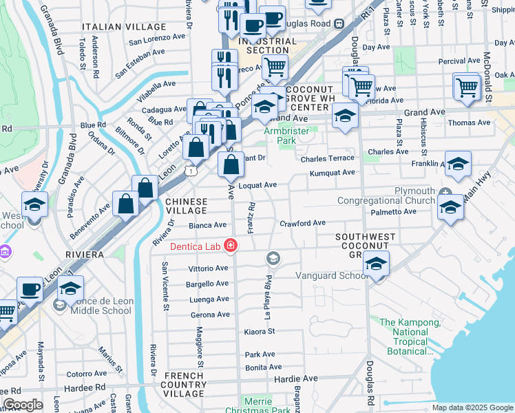 map of restaurants, bars, coffee shops, grocery stores, and more near 3680 Frantz Road in Miami