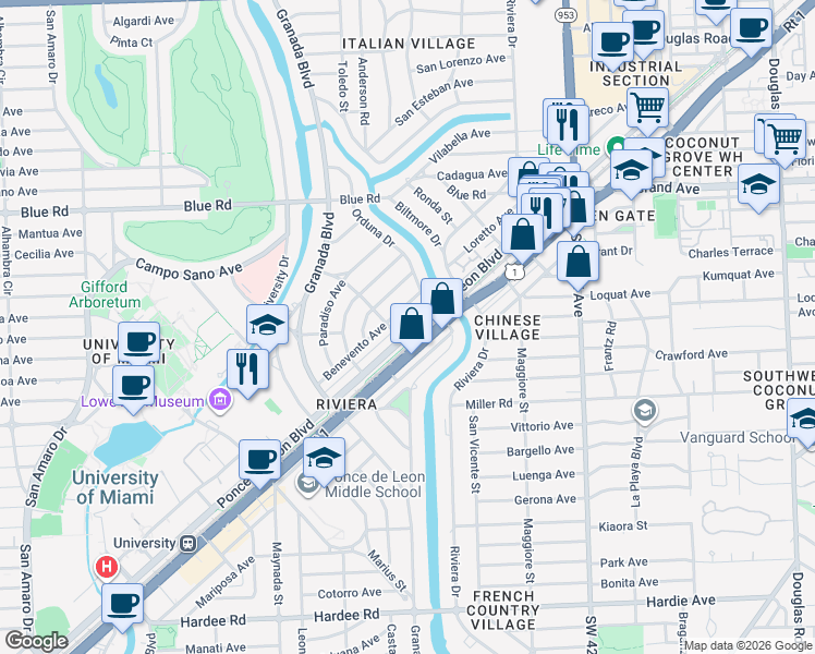 map of restaurants, bars, coffee shops, grocery stores, and more near in Miami