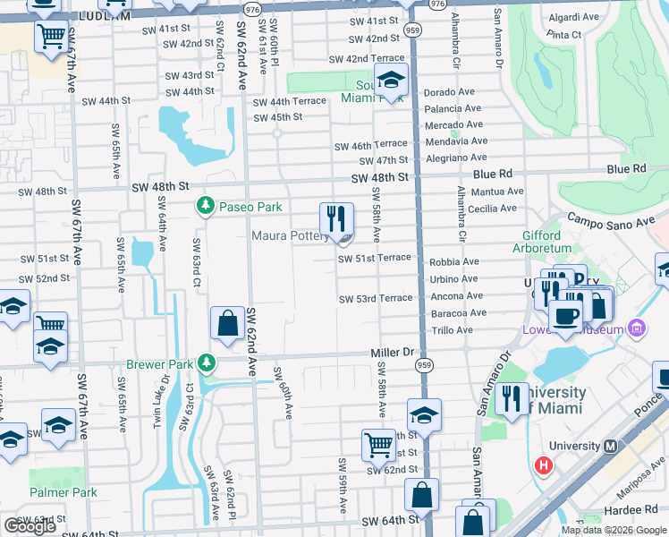 map of restaurants, bars, coffee shops, grocery stores, and more near 5230 Southwest 59th Avenue in Miami