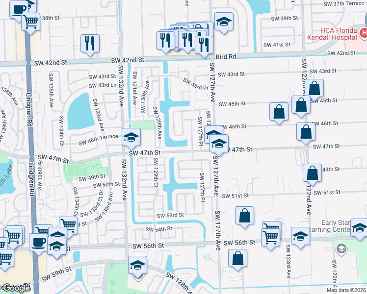 map of restaurants, bars, coffee shops, grocery stores, and more near 12800 Southwest 47th Street in Miami