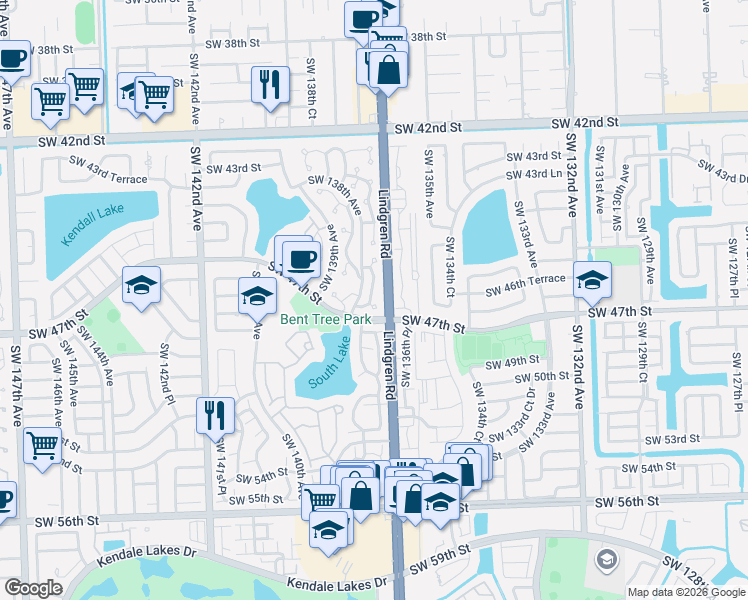 map of restaurants, bars, coffee shops, grocery stores, and more near 13741 Southwest 46th Terrace in Miami