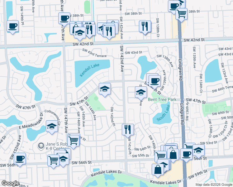 map of restaurants, bars, coffee shops, grocery stores, and more near 4745 Southwest 143rd Avenue in Miami