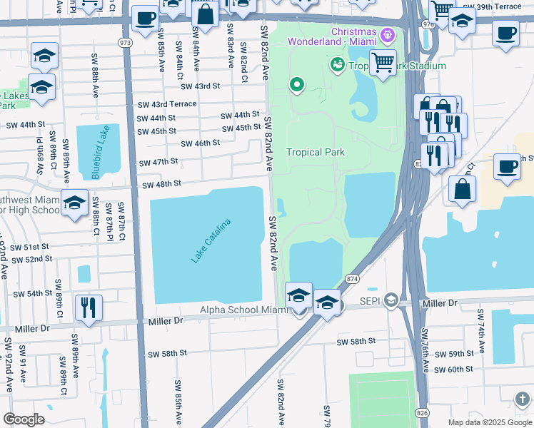 map of restaurants, bars, coffee shops, grocery stores, and more near 5100 Southwest 82nd Avenue in Miami