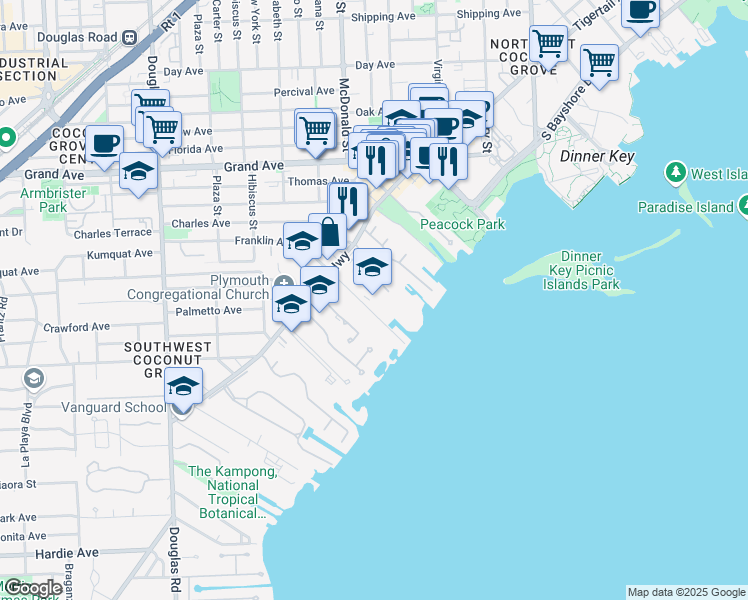 map of restaurants, bars, coffee shops, grocery stores, and more near 3575 Main Highway in Miami