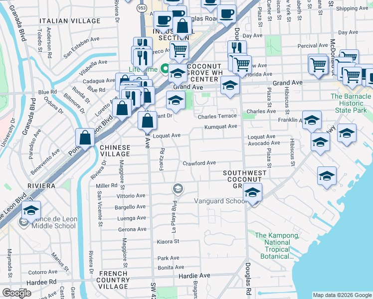 map of restaurants, bars, coffee shops, grocery stores, and more near 3625 Solana Road in Miami