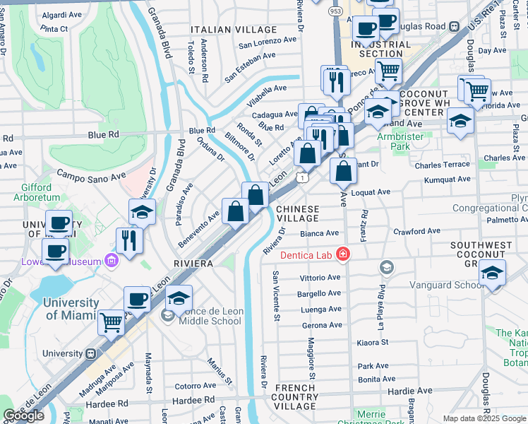 map of restaurants, bars, coffee shops, grocery stores, and more near 708 South Dixie Highway in Coral Gables