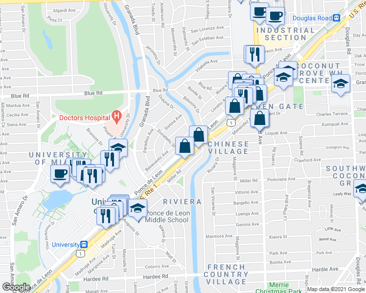 map of restaurants, bars, coffee shops, grocery stores, and more near in Miami