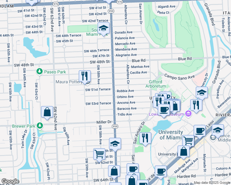 map of restaurants, bars, coffee shops, grocery stores, and more near 5700 Southwest 52nd Terrace in Miami