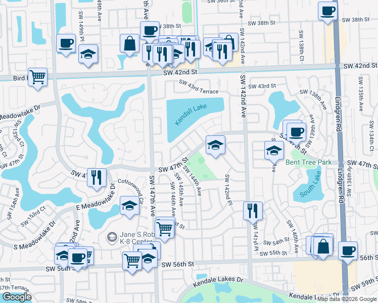 map of restaurants, bars, coffee shops, grocery stores, and more near 14408 Southwest 46th Terrace in Miami