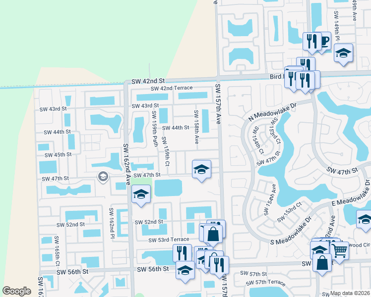 map of restaurants, bars, coffee shops, grocery stores, and more near 4583 Southwest 159th Avenue in Miami