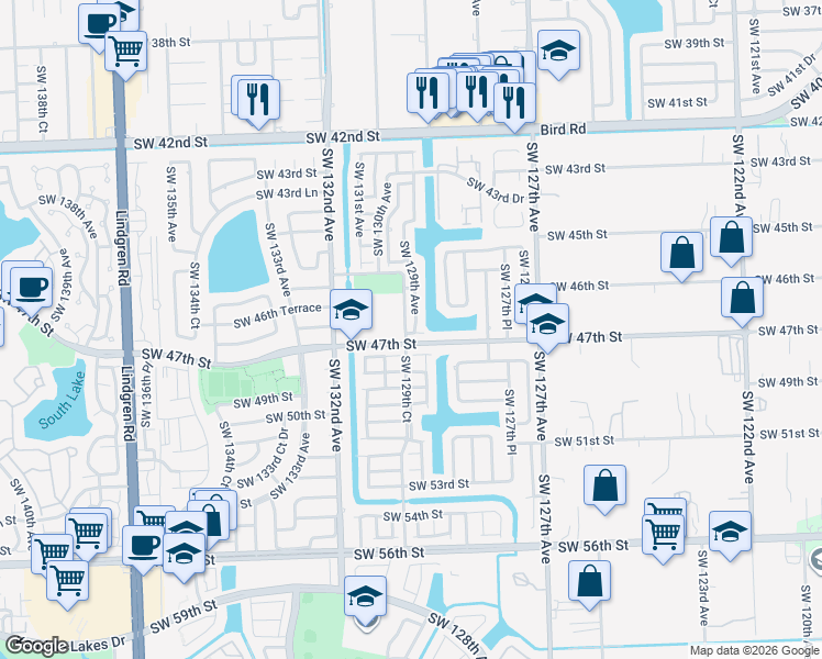 map of restaurants, bars, coffee shops, grocery stores, and more near 12927 Southwest 47th Terrace in Miami