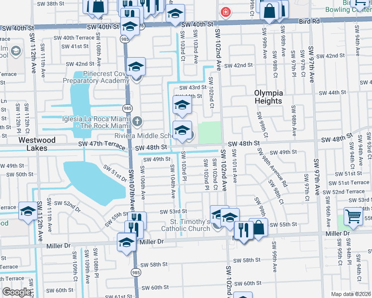 map of restaurants, bars, coffee shops, grocery stores, and more near 10350 Southwest 49th Street in Miami
