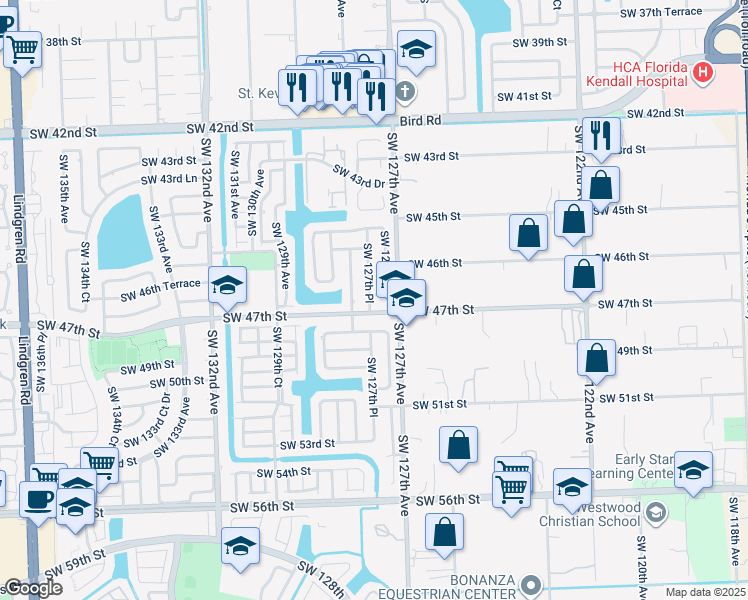 map of restaurants, bars, coffee shops, grocery stores, and more near 12720 Southwest 47th Street in Miami