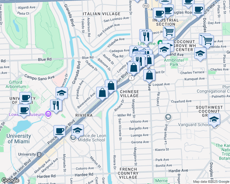 map of restaurants, bars, coffee shops, grocery stores, and more near 708 South Dixie Highway in Coral Gables