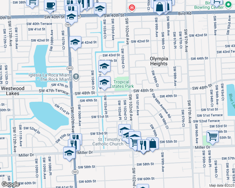 map of restaurants, bars, coffee shops, grocery stores, and more near 10270 Southwest 49th Street in Miami
