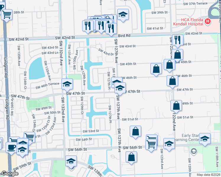 map of restaurants, bars, coffee shops, grocery stores, and more near 12720 Southwest 47th Street in Miami