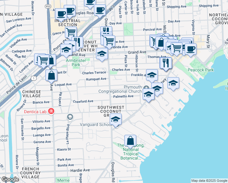 map of restaurants, bars, coffee shops, grocery stores, and more near 3686 Loquat Avenue in Miami