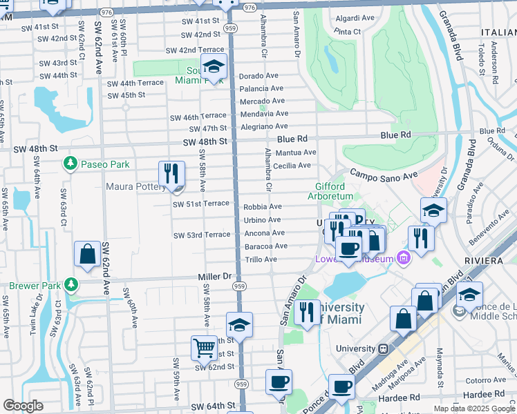map of restaurants, bars, coffee shops, grocery stores, and more near 1512 Certosa Avenue in Coral Gables