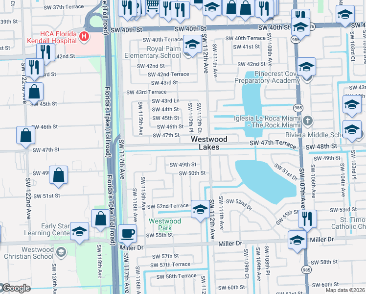 map of restaurants, bars, coffee shops, grocery stores, and more near 11270 Southwest 47th Street in Miami