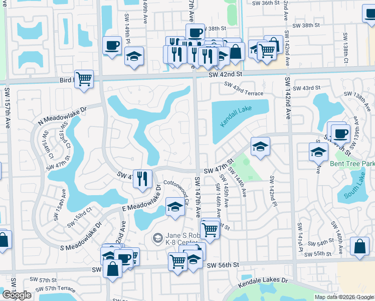 map of restaurants, bars, coffee shops, grocery stores, and more near 14727 Southwest 44th Lane in Miami