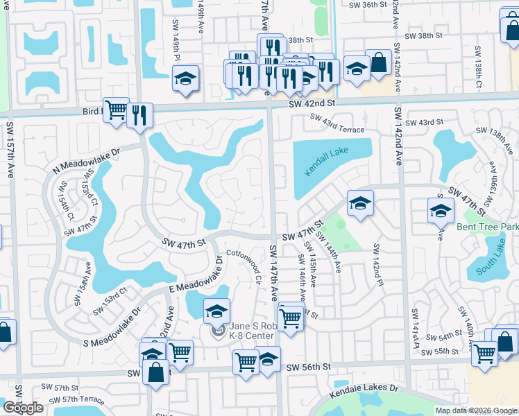 map of restaurants, bars, coffee shops, grocery stores, and more near 14727 Southwest 44th Lane in Miami