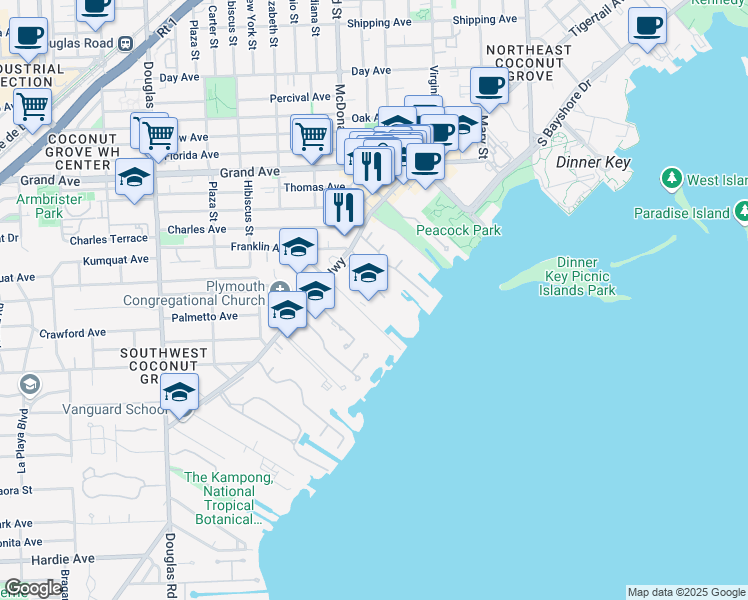 map of restaurants, bars, coffee shops, grocery stores, and more near 3575 Main Highway in Miami