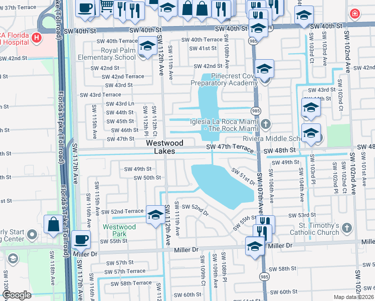map of restaurants, bars, coffee shops, grocery stores, and more near 10970 Southwest 47th Street in Miami