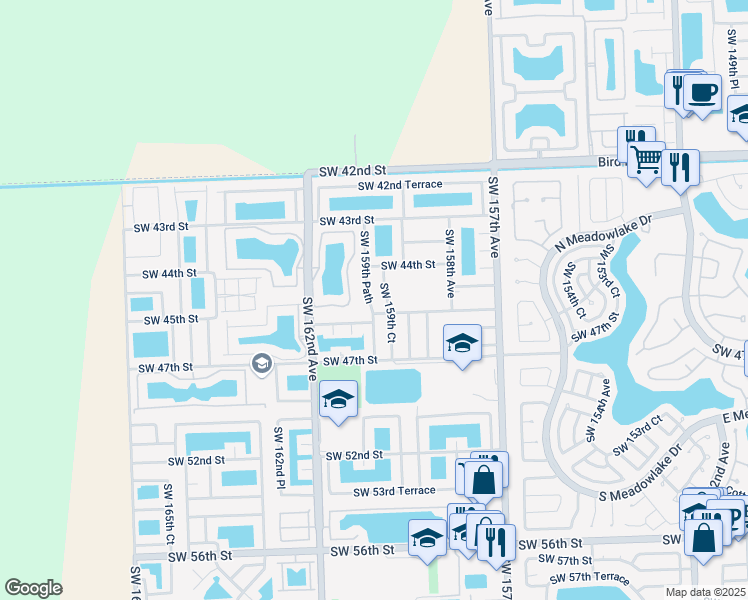 map of restaurants, bars, coffee shops, grocery stores, and more near 4432 Southwest 159th Court in Miami