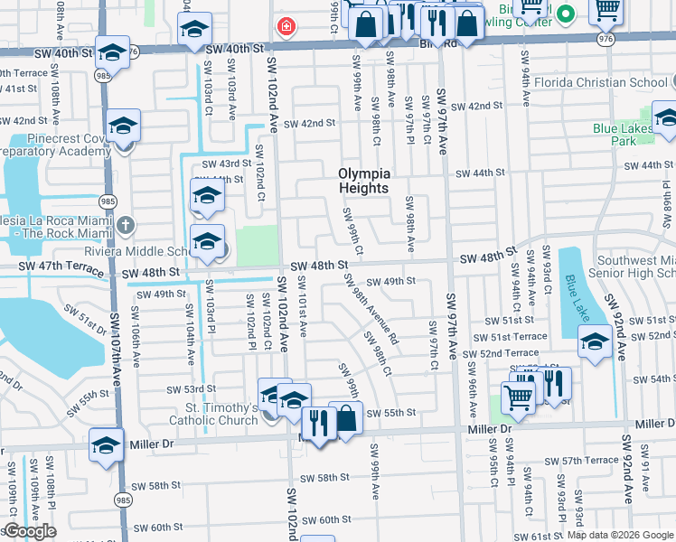 map of restaurants, bars, coffee shops, grocery stores, and more near 9961 Southwest 48th Street in Miami