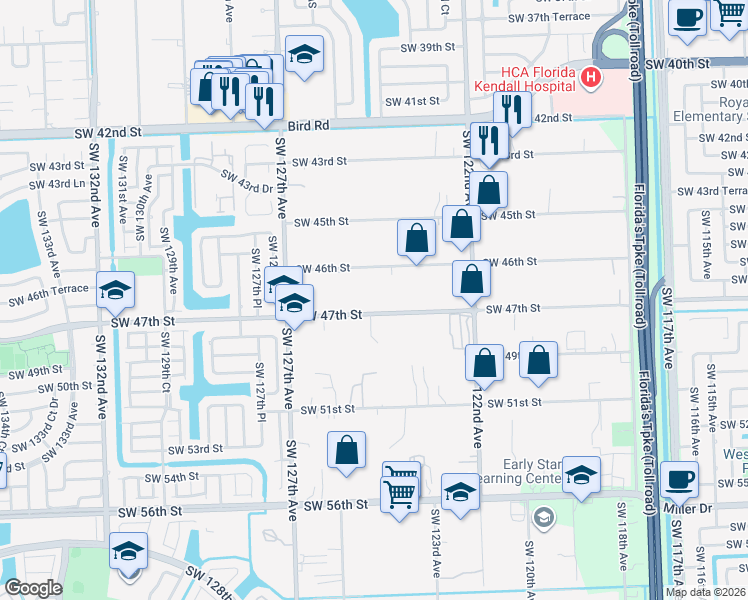 map of restaurants, bars, coffee shops, grocery stores, and more near 12400 Southwest 46th Street in Miami